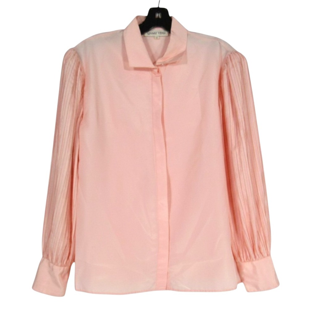 VTG STUART LANG Pink SATIN Button-Up PLEATED SLEEVES Dressy BLOUSE/TOP Sz 12